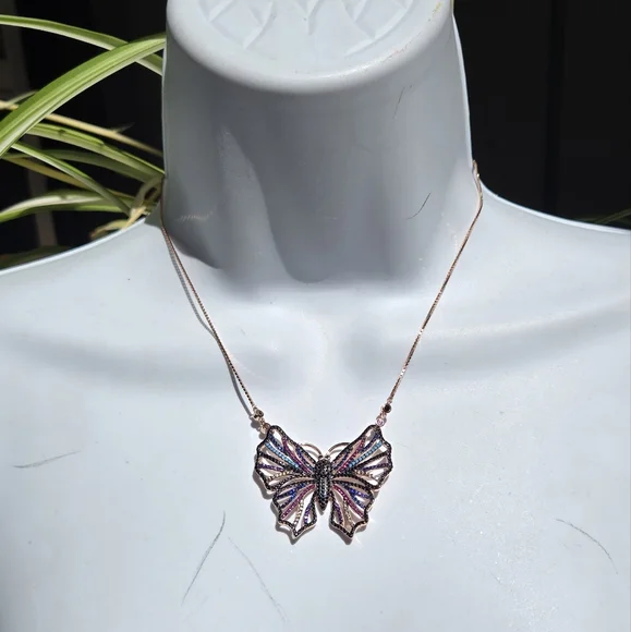 Gemstone Natural Sterling & Rosegold Butterfly Adjustable Necklace - Picture 12 of 12